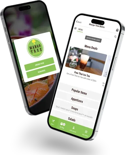 A restaurant's branded ordering app on two phones